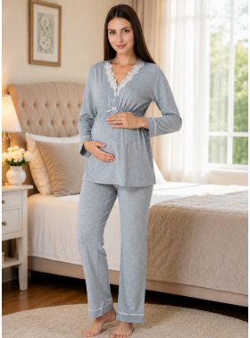 Effortt 3052 Gri Dantel Detaylı Lohusa Pijama Takımı